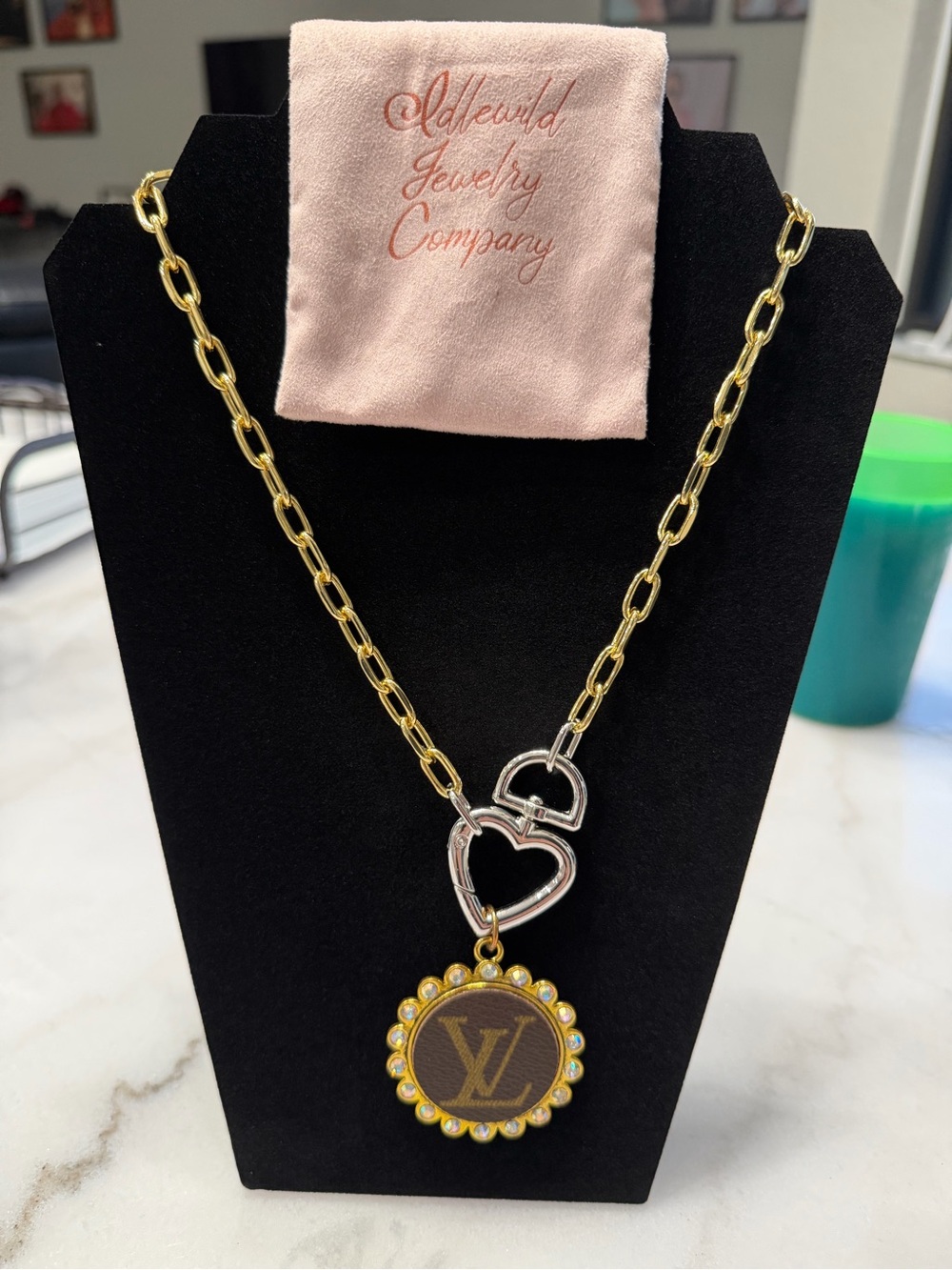 Two-Tone Heart Link Necklace with Brown up cycled LV Logo Medallion